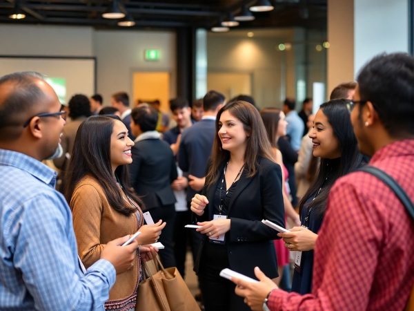 Profesioniști diversificați interacționând la un eveniment de networking.