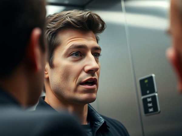 O persoană vorbind cu cineva într-un lift.